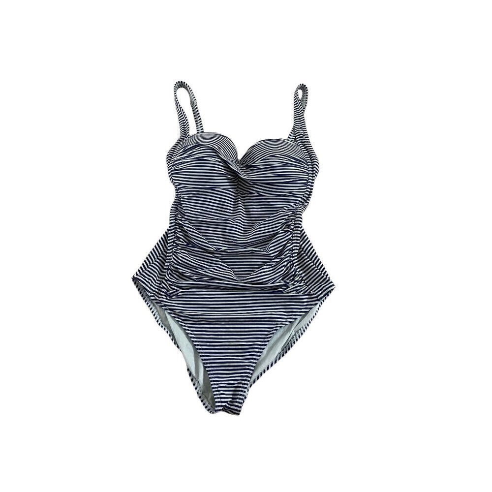 Bond-Eye Australia Navy And White Stripe Ruched Bodice One Piece Swim Suit - 8